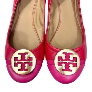 Tory Burch Cap Toe Colorblock Nappa Leather Minnie Ballet Flats Red Azalea Pink